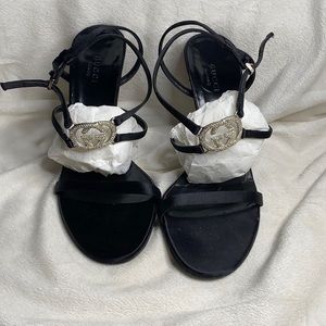 Gucci blk strappy sandals. Satin w rhinestone G’s